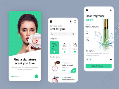 E-commerce (Women perfume) mobile app design badges beauty browse e commerce elegant fashion filter fragrance gamification luxury mobile app design notes perfume personalized price rewards search shopping stylish womens perfume