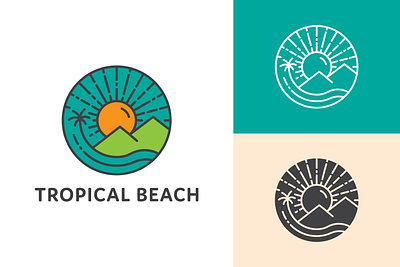 Tropical beach line art logo beach branding design graphic design illustration island line line art logo monoline mountain outline palm tree sea sillhouette simple sun sunset water wave