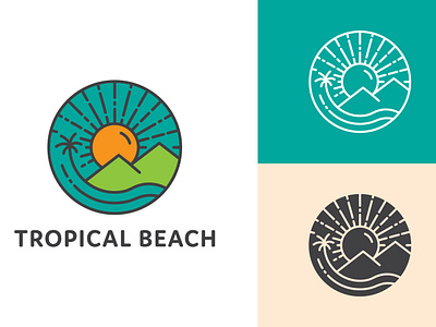 Tropical beach line art logo beach branding design graphic design illustration island line line art logo monoline mountain outline palm tree sea sillhouette simple sun sunset water wave