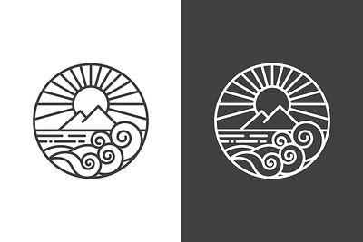 Ocean wave line art logo beach branding design graphic design icon illustration island line line art logo monoline mountain ocean outline sea silhouette sun surf tide wave water