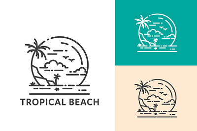 Tropical beach line art logo beach beach logo branding design graphic design icon illustration island island logo line line art line logo logo monoline outline palm surf travel tropic tropical beach