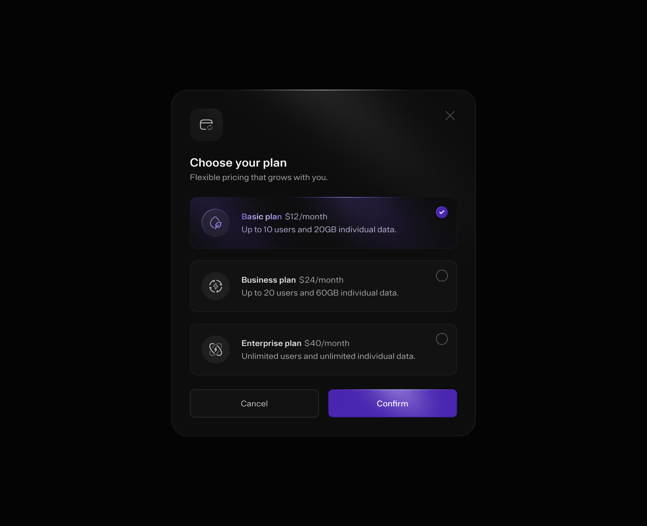 Plan selection modal in Dark UI appinterferance card dark theme design minimal saas ui uidesign ux