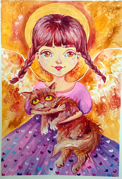 Original Ukrainian Painting, Angel Girl and Cat, Kid and animal angel art cat hand painted illustration kid and animal art paint painting style