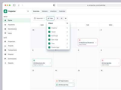 Propwise - Calendar Page Property Management Web App Saas admin airbnb calendar dashboard event filter management modal product design property property management real estate saas table tenant ui design uiux ux design view web app