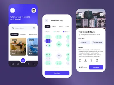 Workspace Booking Mobile App - Design Exploration android applicatio application book workspaces booking app branding business clean design figma flat design ios mobile app mobile design product design ui ux web workspace