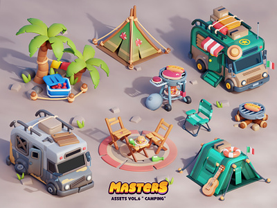 Masters Vol.6 3d illustration blender burger camping caravan colorful gameart games grill lowpoly mobilegame shazlong tent van
