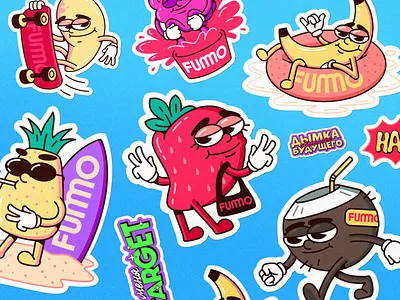 Fruit stickers collection banana branding coconut colorful design fruit graphic design identity illustration logo logotype mango mascot sticker stickers strawberry telegram