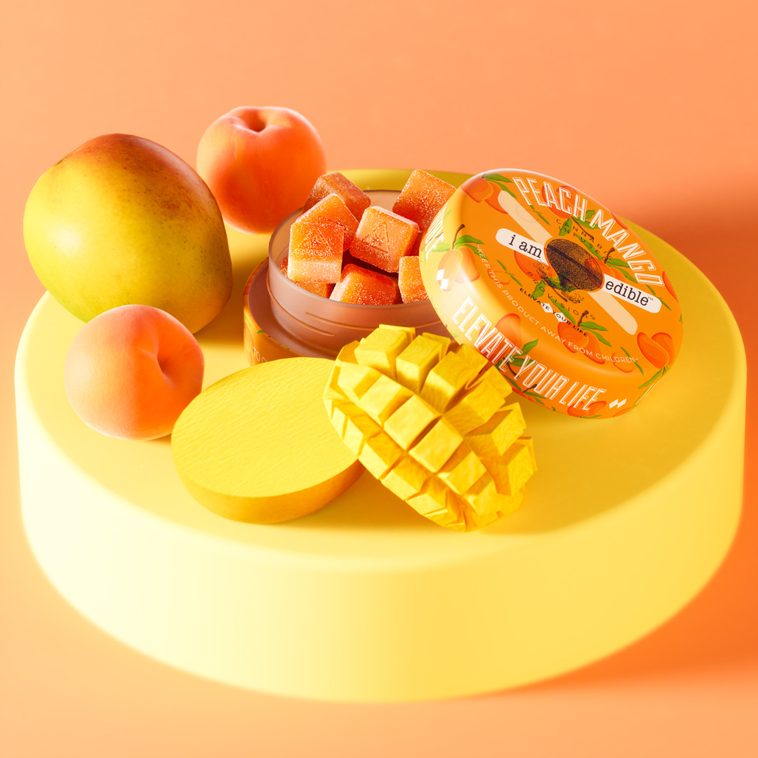 I Am Edible - THC Gummies - Peach Mango 3d 3d art 3d modeling 3d product 3d render 3d visualization animation cannabis cbd cgi digital art gummies marijuana motion graphics product animation product design product rendering rendered art thc visual effects