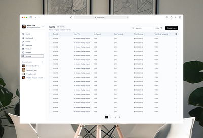 Event app: Table view of clients created events dashboard design table ui