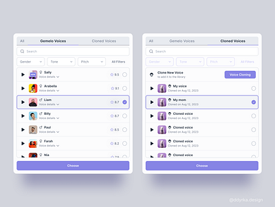 Voice Library Light / Dark mode app design choose from library dark mode figma variables filters gemelo.ai library design library ux light mode music library product design ui design voice ai voice library