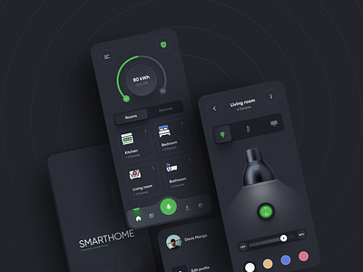 Smart Home App Design - Dark Version ai app design colorful dark dark mode design interior iot minimal mobile app remote controle smart smart app smart devices smart home smarthome technology ui ui design ux