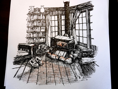 You want to be in this drawing cabin cat cozy drawing fireplace illustration ink inktober study