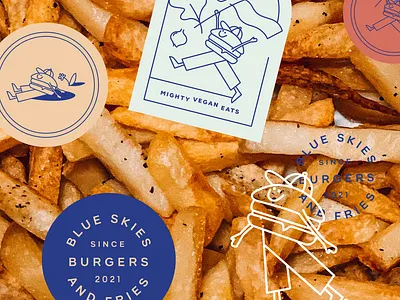 Blue Skies Burgers & Fries branding burgers character design fries graphic design hand drawn icon illustration logo vegan