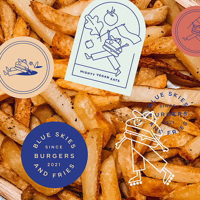 Blue Skies Burgers & Fries branding burgers character design fries graphic design hand drawn icon illustration logo vegan