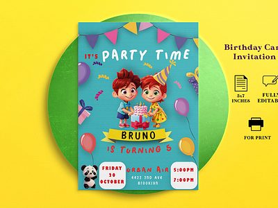 BIRTHDAY INVITATION DESIGN baloon birthday birthdaycard boy cake candle celebrate colorful design girl happykids invitation kids panda party pdf printable