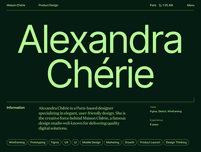 Maison Chérie — Product Designer Portfolio designer cv editorial layout green layout portfolio portfolio design portfolio editorial design product designer portfolio website grid website layout