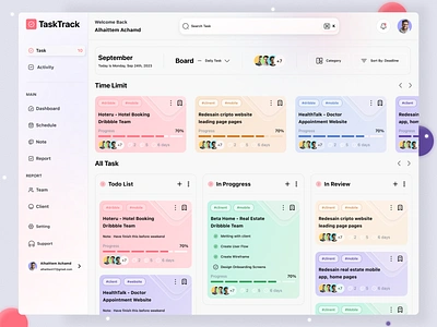 TaskTrack - Task Manager Dashboard admin interface branding clean dashboard design graphic design management manager menu minimal task task management ui ui design user user dashboard ux web app