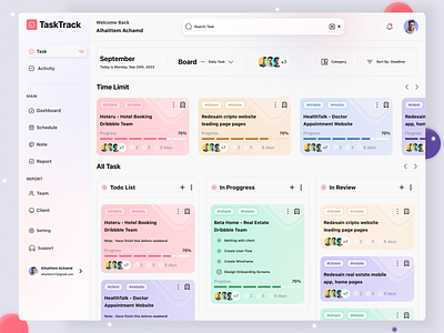 TaskTrack - Task Manager Dashboard admin interface branding clean dashboard design graphic design management manager menu minimal task task management ui ui design user user dashboard ux web app