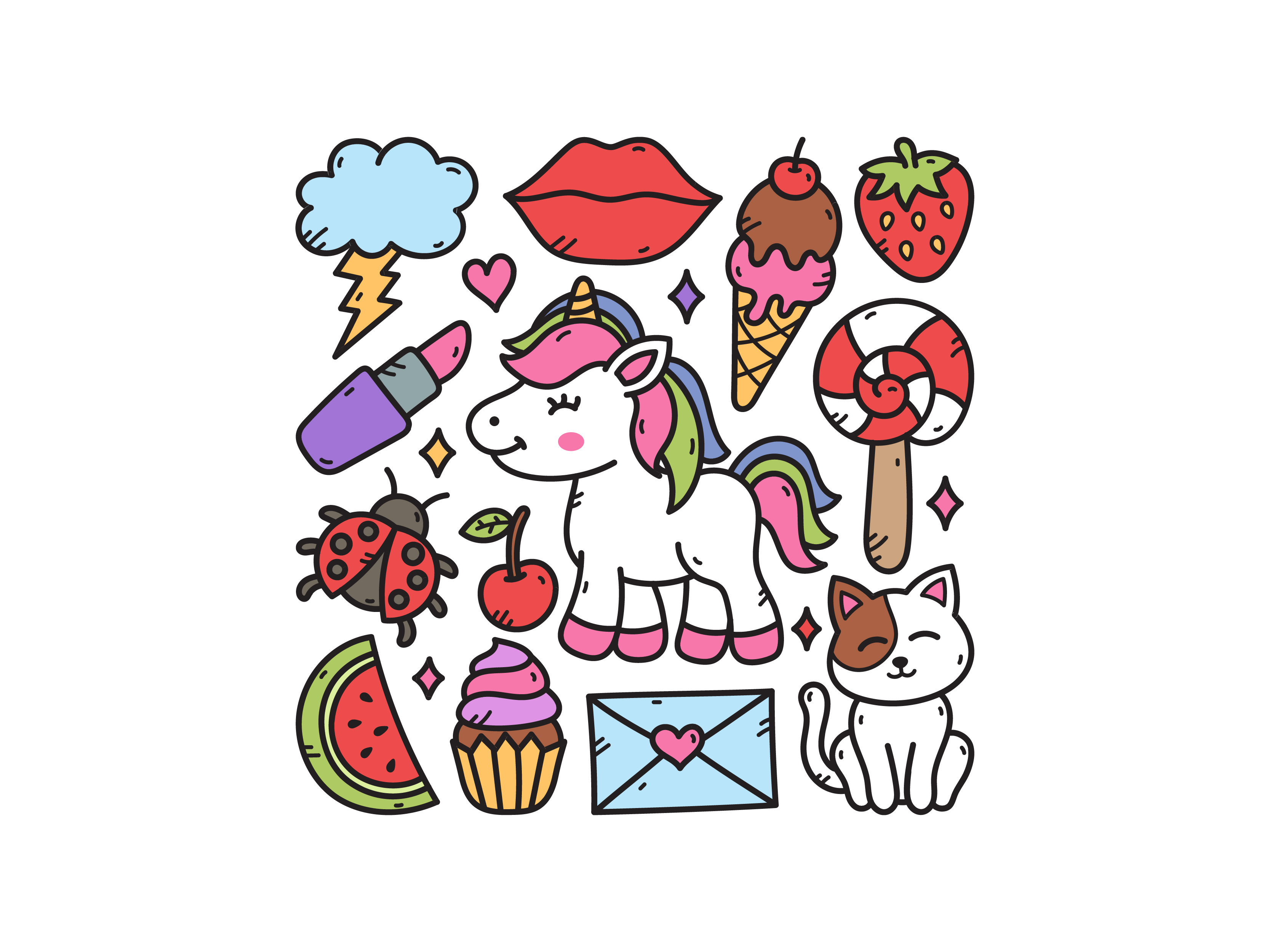 Unicorn Doodle Set cupcake cute doodle icecream illustration unicorn vector