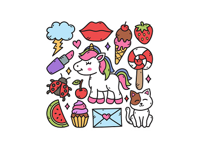 Unicorn Doodle Set cupcake cute doodle icecream illustration unicorn vector