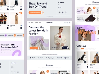 GLAMFUSH - Fashion Landing Page Exploration bold branding clean colors design fashion landing page layout model overlapping pastel photography shape thumbnail typography ui unique ux vibrant website