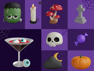 Halloween party 3d 3d illustration assets blender candy cinema4d cloud eye frankenestine ghost graveyard halloween icon illustration moon mushroom skull spider spider web spooky