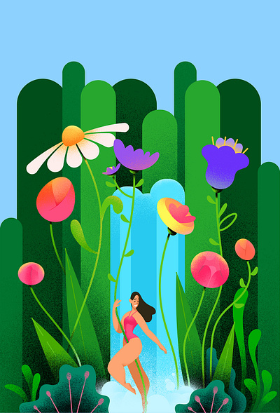 Waterfall brand illustration cute digital art flat illustration flowers garden illustration paradise skin care waterfall woman