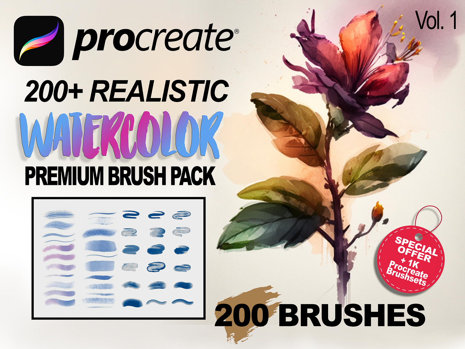 200+ Premium Realistic Watercolor effect procreate brushes pack by Brix