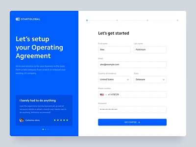 Operating Agreement Onboarding form get started login register sidebar signup startglobal ui ux web