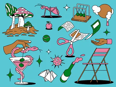 🐜 animal ant branding chair character cocktail design drink editorial game illustration logo mushroom snake wine