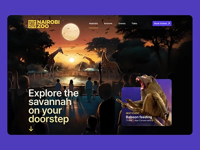 Nairobi Zoo animation bento bento box design challenge desktop jitter landing page lion midjourney purple safari ui ui ux yellow zebra zoo