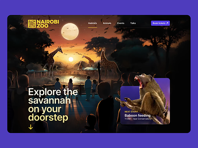 Nairobi Zoo animation bento bento box design challenge desktop jitter landing page lion midjourney purple safari ui ui ux yellow zebra zoo