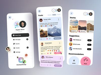 Social Media Mobile Concept app design feeds friends interface messages mobile news feed personal profiles social media stories ui ux