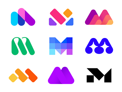 My collection of logo with the letter M for 2023 abstract block branding collection colors creative design geometry gradient graphic design icon illustration logo m mark minimal minimalism negative space set simple