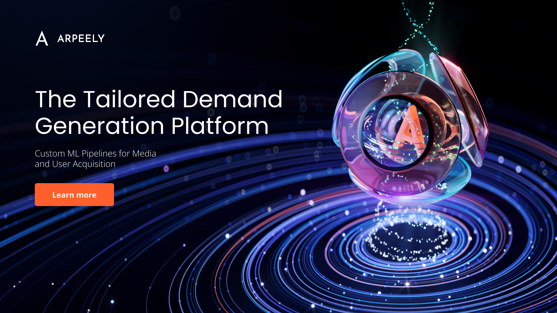 Home page for Arpeely 3d branding c4d data glass helix hero home page illustration landing page motion graphics particles product space sphere spiral tech ui universe web