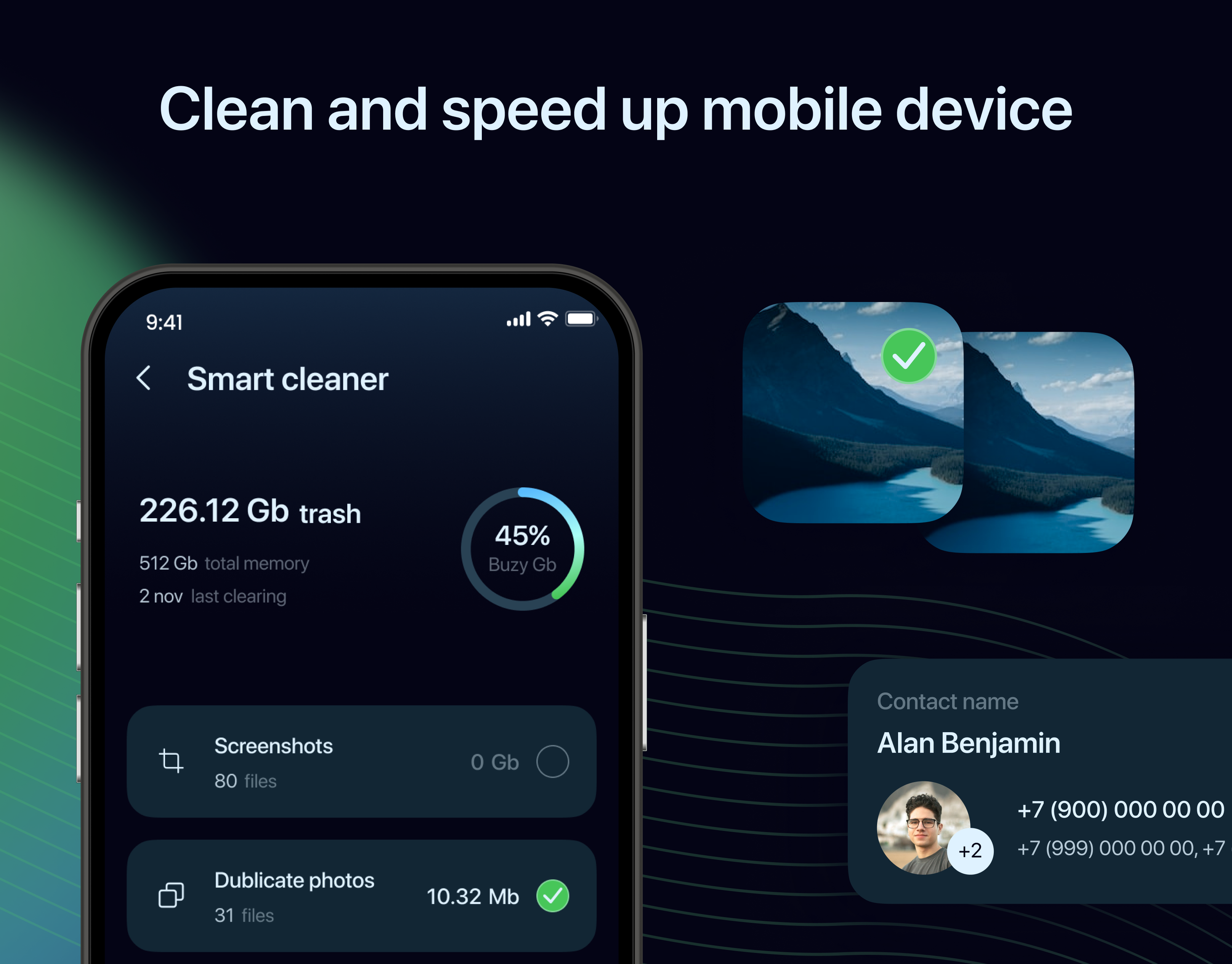 Cleaner - Mobile app (UX/UI) app app clean clean cleaner design figma memory menedger mobile mobile app optimizer secret folder smart cleaner speed test storage system info text to speech ui utility ux