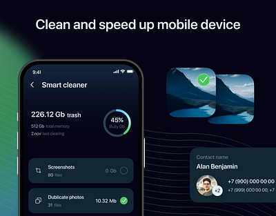 Cleaner - Mobile app (UX/UI) app app clean clean cleaner design figma memory menedger mobile mobile app optimizer secret folder smart cleaner speed test storage system info text to speech ui utility ux