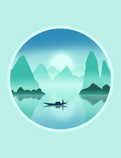 Calming green and blue lake view illustration 2d design graphic design illustration procreate