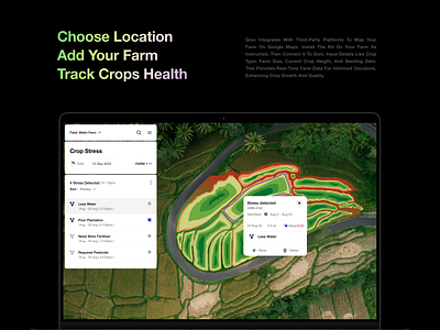 GROV - Platform for Better Agriculture with AI agriculture ai analytics button cards crops dropdown farm farming google map health status list view map platform popup ui ux web web panel website