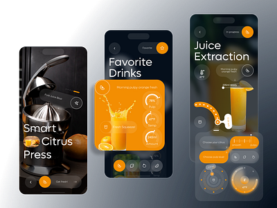 Smart Citrus Press App adobe animation app application blue blur citrus concept controls drinks figma fresh juice juicer orange photoshop screens ui ux white