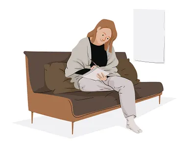 Journal writing character design graphic illustration pastel sofa vector woman writing