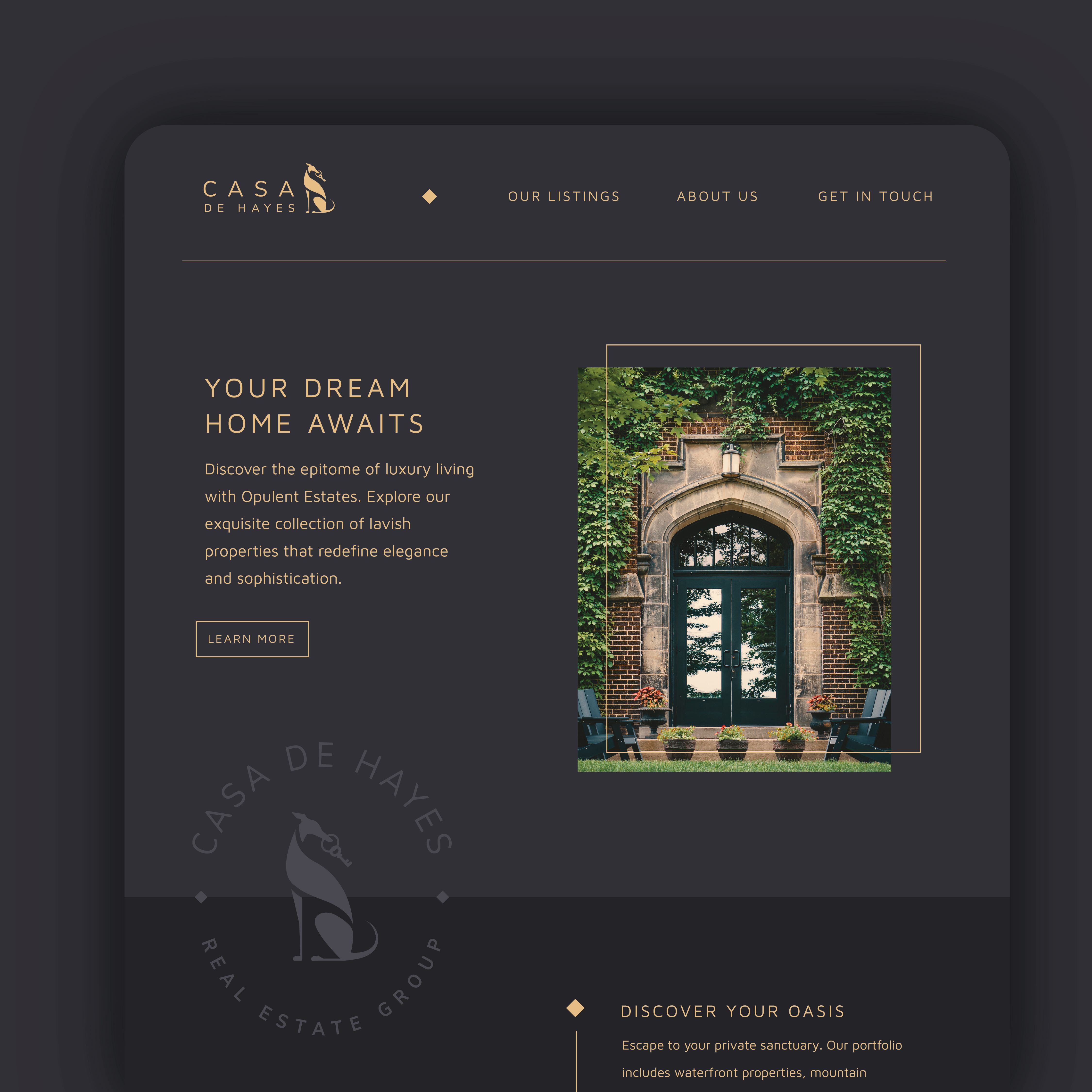 Casa de Hayes website mockup black branding casa diamond dog elegant gold grayhound greyhound home house keys logo luxury real estate realty regal thin lines web design website
