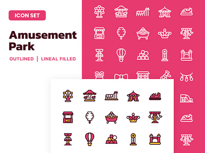 Amusement Park Icon Set amusement park carnival coloured festival filled funfair icon icon design icon set lineal fill outlined recreation ride stroke ui