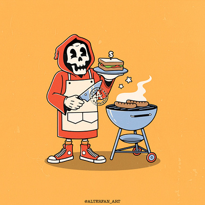 BBQ EVERYDAY alterfan artist barbeque bbq cartoon character chef coverart design hot dog illustration knife meal meat reaper sandwich skeleton skull sneakers vector