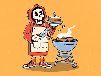 BBQ EVERYDAY alterfan artist barbeque bbq cartoon character chef coverart design hot dog illustration knife meal meat reaper sandwich skeleton skull sneakers vector