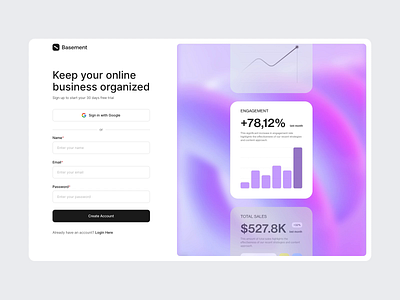 Sign Up / Sign In Page UI Design by Syncrely animation create account graphs landing page log in login metrics onboarding product design sign in sign up signup split screen ui ui design user interface ux web design