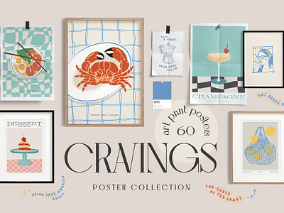 Food Cravings Prints Posters beverage bohemian boho branding cafe cocktail dessert drawing food graphic design modern gallery pastry poster print restaurant wall art