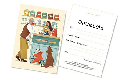 Gift card for Kleines Cafe, Mannheim cafe character characterdesign coffee community dog food generations gift card gutschein illustration illustrator local postcard tea tea time