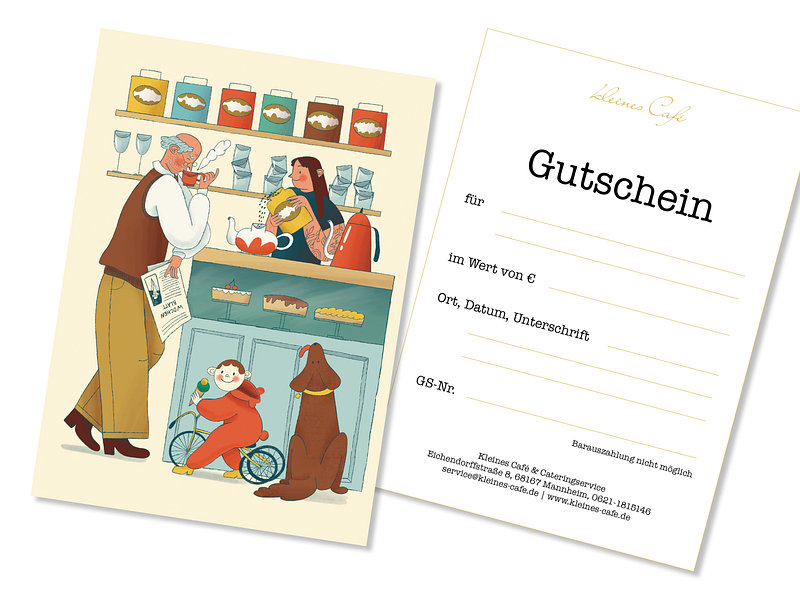 Gift card for Kleines Cafe, Mannheim cafe character characterdesign coffee community dog food generations gift card gutschein illustration illustrator local postcard tea tea time