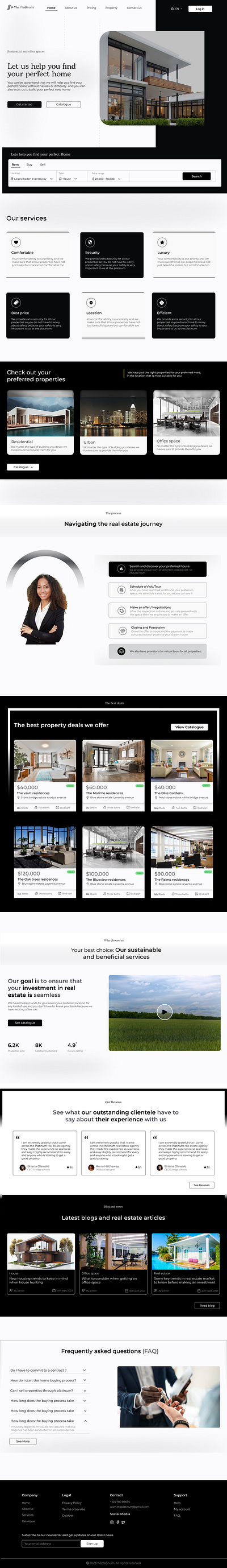 The landing page of "The platinum real estate agency" website branding figma homepage landing page design ui website